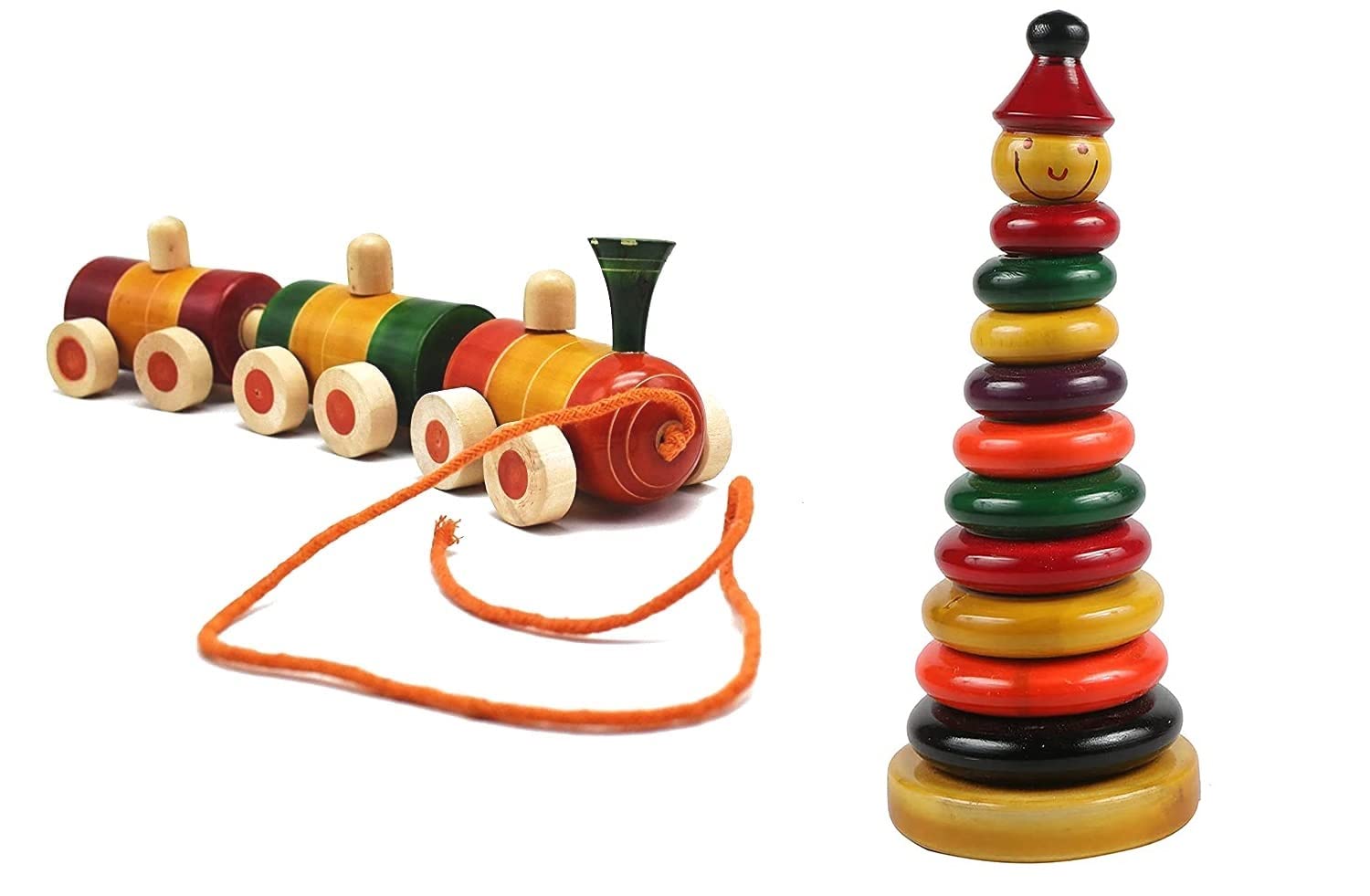 Channapatna Toys Pull Along Wooden Train & Stacking Toy for 12 Months + Kids, Toddlers, Infant & Preschool Toys - Set of 2 pcs- Multicolor - with Attached String- Encourage Walking (B0BB2XHY2J) Amazon Price History, Amazon Price Tracker