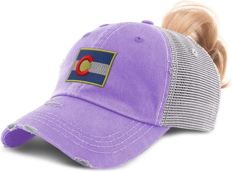 Ponytail Cap Women's Baseball Cap Embroidered Colorado Flag State Sun Hat with Ponytail Hole High Pony Hat