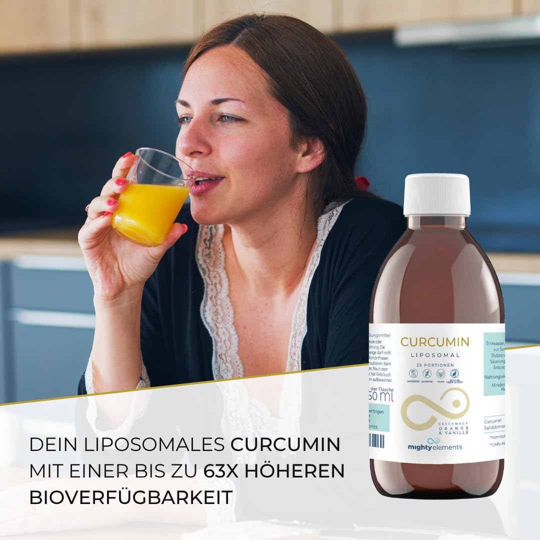 Mighty Elements Liposomales Curcumin 250 mg, Blutorange-Vanille Geschmack, Vegan, Glutenfrei, hohe Bioverfügbarkeit, Hochdosiert, Flüssig, 25 Portionen