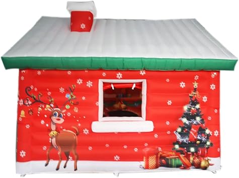 Portable Inflatable Christmas House Christmas Party Tent Santa Grotto Tent Room with White Light 13.2x10x11.5ft Inner/Outer Christmas Theme Printing