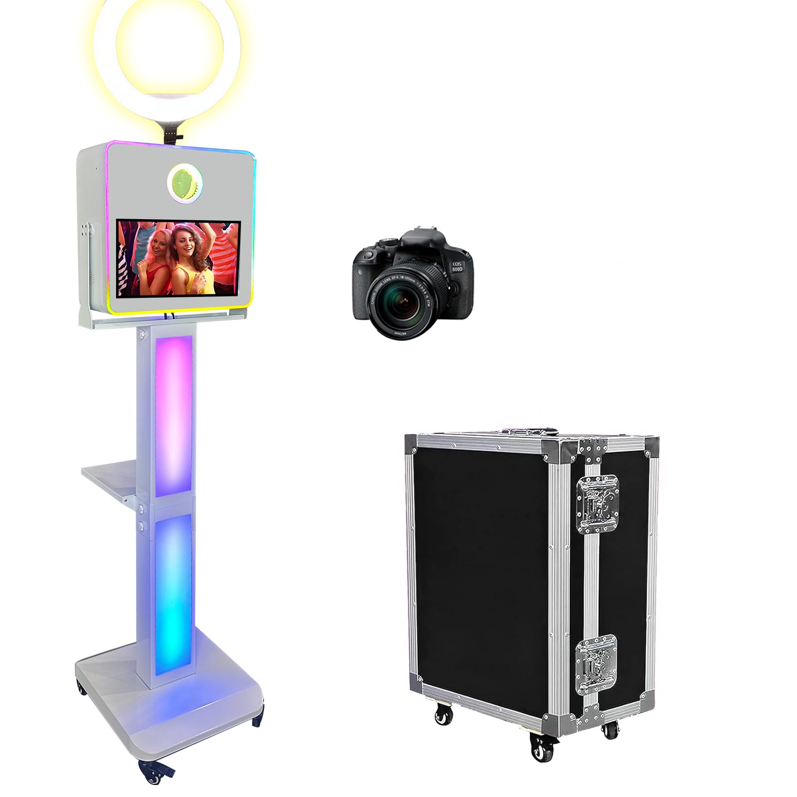 Macchina fotografica DSLR con touchscreen da 15,6 pollici, stampa istantanea per selfie Photo Booth include luce RGB e custodia da viaggio per feste di nozze eventi (bianco, cabina