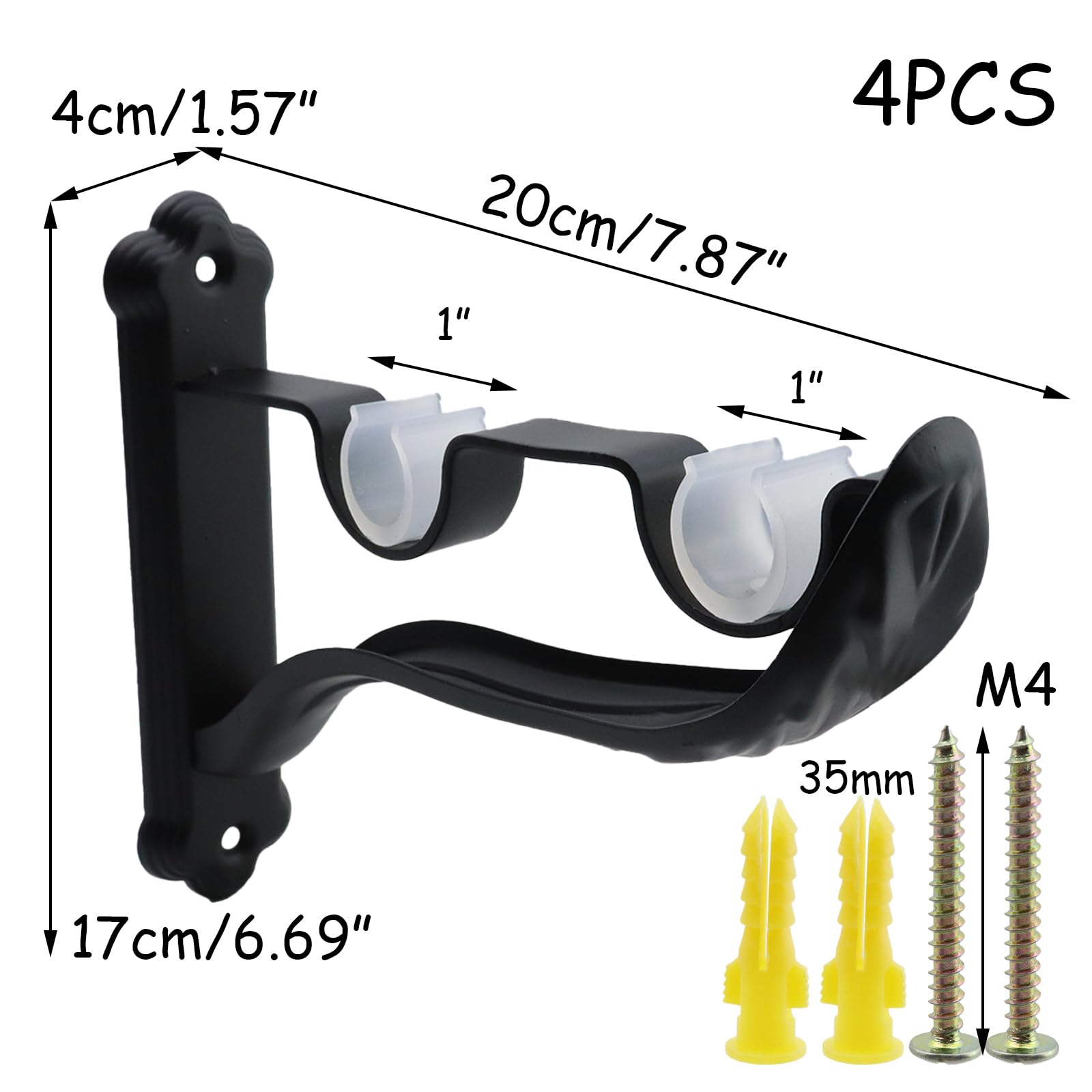 HEVSTIL 4Pcs Heavy Duty Double Curtain Rod Brackets, Single Black Retro Wall Mount Brackets Vintage Design Fit for 1 Inch Drapes Rod Design with Screw,Black