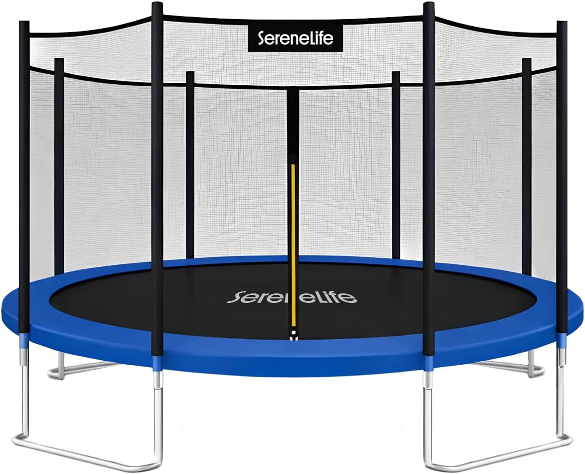 SereneLife 8-14FT Outdoor Trampoline with Enclosure Net, Ladder & Anti-Rust Coating - ASTM Approved Heavy Duty for Kids & Adults