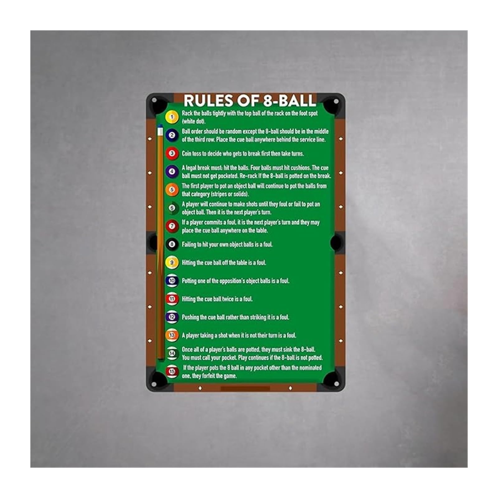 NWPNLXEA Billiards Man Cave Decor Vintage 8 Ball Rules Chart Metal Sign Retro Game Room Wall-Art 8 X 12 in