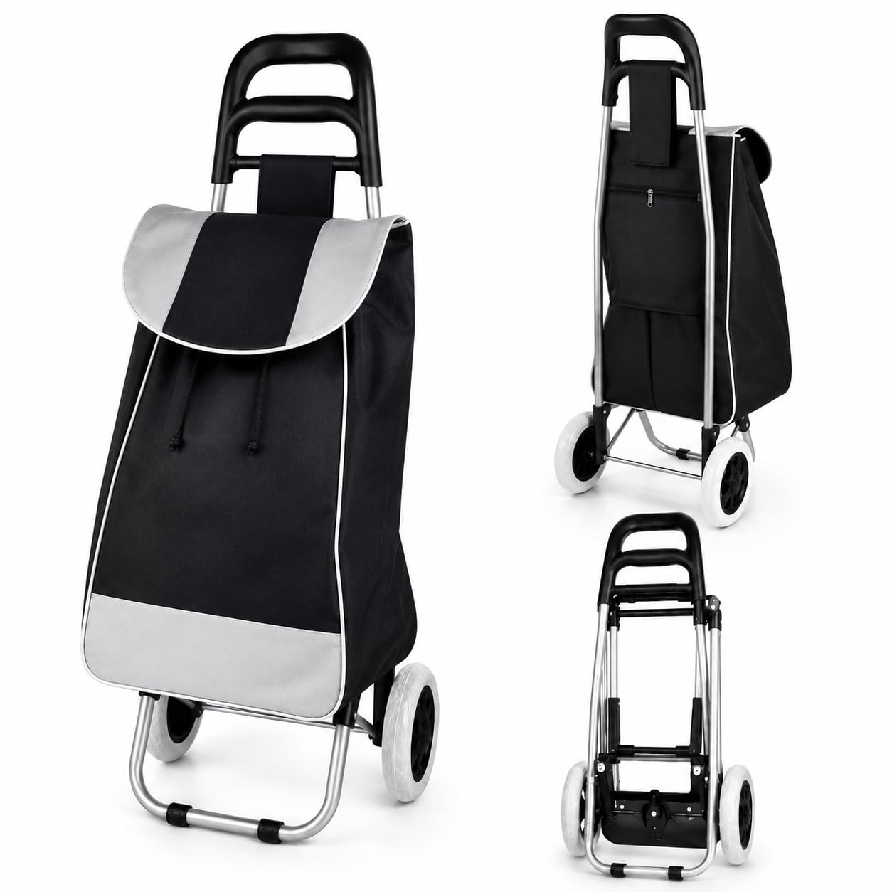 Large Shopping Trolley 35L, Lightweight Foldable Grocery Cart with 2 Wheels, Waterproof Bag, Heavy Duty Carbon Steel Frame, Holds up to 45kg, Rear Zip Pocket - Black