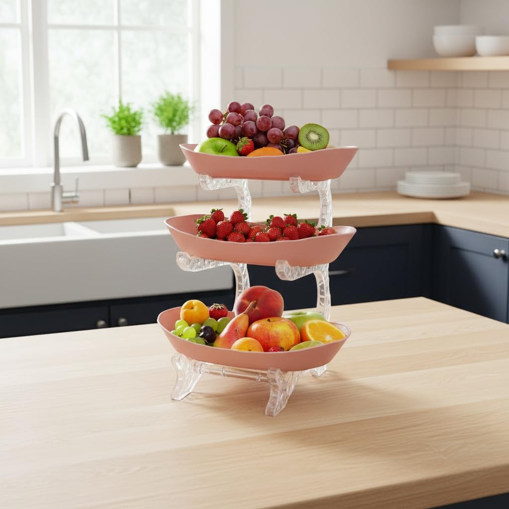 Fruit Bowl for Kitchen Counter, 3 Tier Plastic Serving Bowls with PP Stand, Tiered Fruit Basket for Fruits Vegetable Storage, Cake, Dessert, Snack, Nuts, Salad for Party Wedding