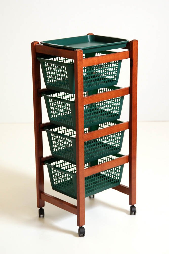 BAKAJI Carrello Portafrutta Jolly in Legno Massello Ciliegio 4 Ruote Cestelli Plastica