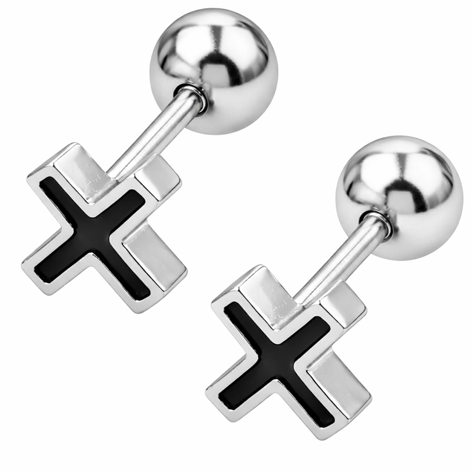 vama FASHIONS 18K Silver Plated Stainless Steel X Cross Black Tiny Small Stud Earring Piercing Cartilage Lightweight Hypoallergenic Ear Studs Earrings for Men & Boys-picture-10
