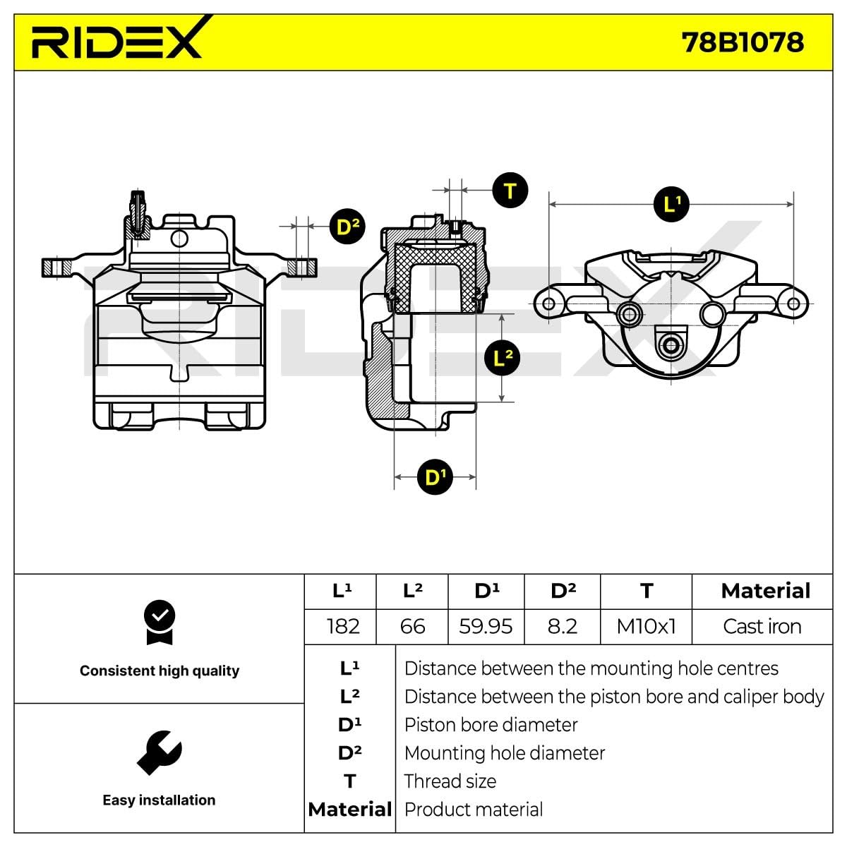 RIDEX 78B1078 Pinza de freno Delantero Izquierda Delantero sin soporte Compatible con OPEL Astra J Sports Tourer P10