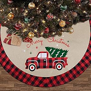 yuboo Red Truck Decor Christmas Tree Skirt Burlap Vintage Truck Tree Skirt 48 Inches with Buffalo Border for Rustic Farmhouse Christmas Decorations