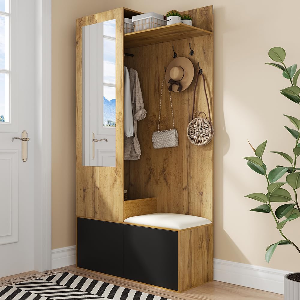 PUGSDRLY Ensemble de vestiaire Comprenant 5 patères 100L x 38 B x191 H, Un Miroir, Armoire à Chaussures, Armoire encastrée avec étagère supérieure, des tiroirs
