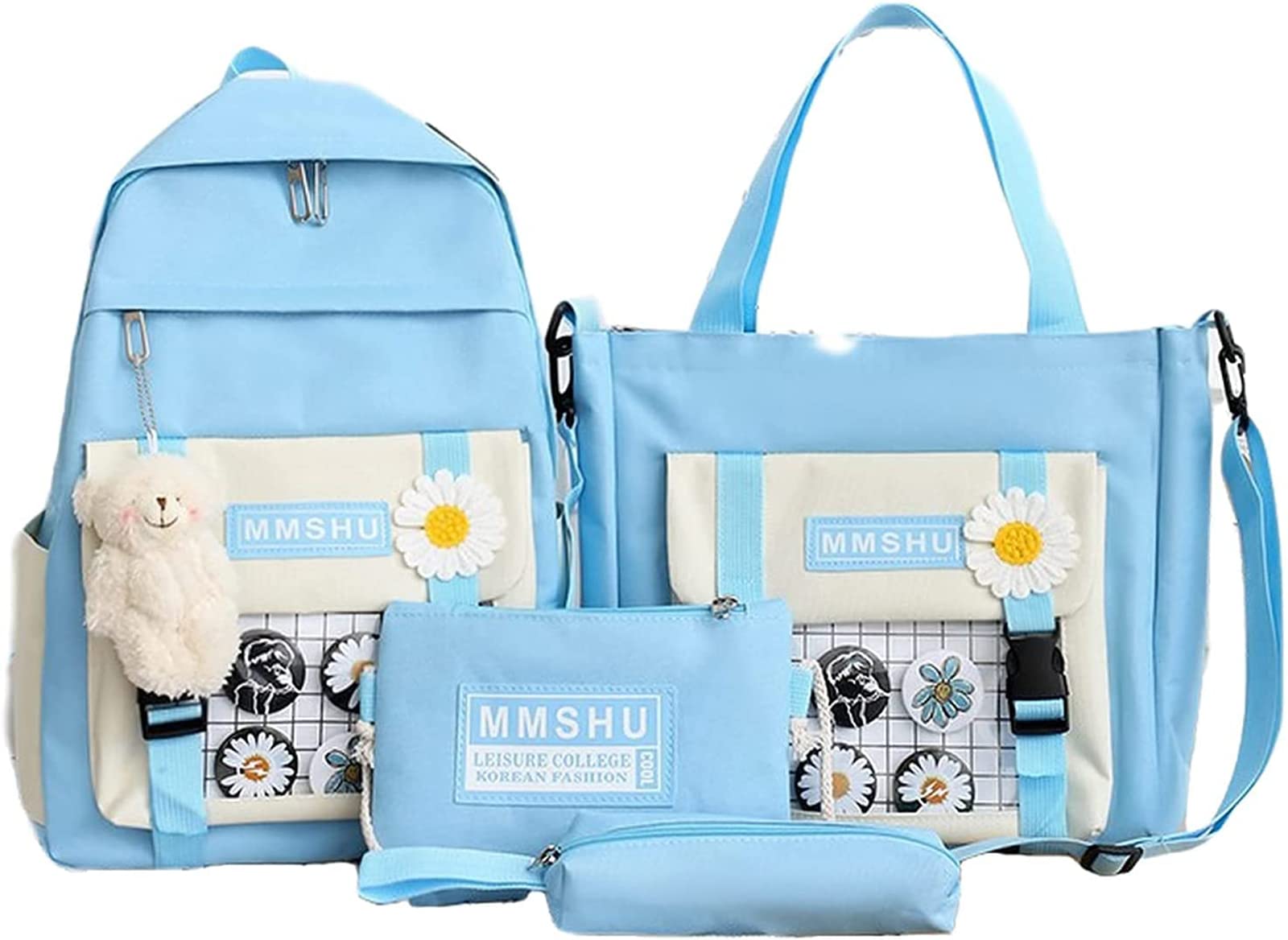 MQUN Kawaii School Bag Five-Piece Canvas School Bag with Teddy Bear Boys Girls Back to School Supplies, Blue, One Size
