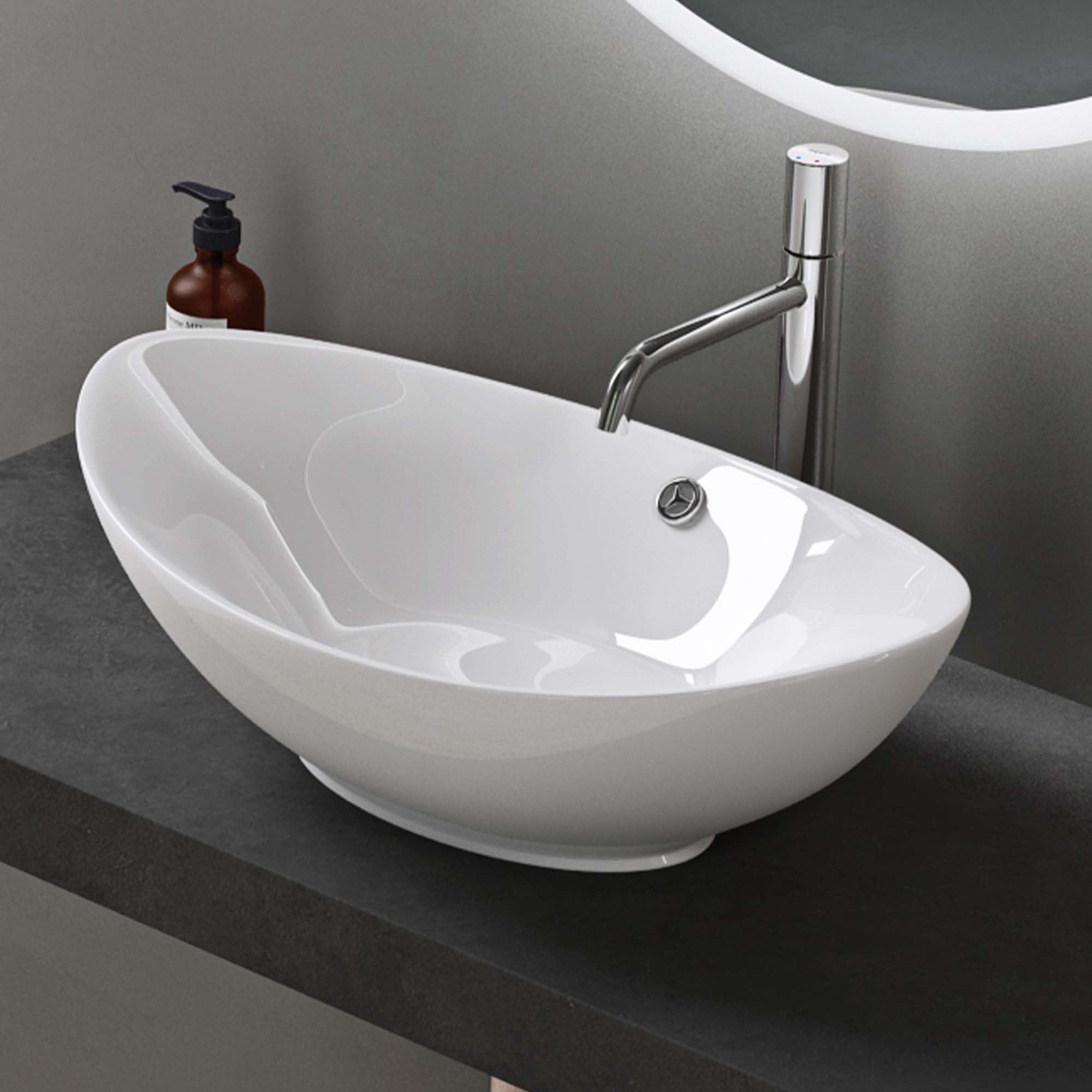 doporro Lavabo Ovale da Appoggio in Ceramica Bianco Lucido 59x38,3x19,2 cm, Lavandino Bagno con Troppopieno Effetto Loto Brüssel818