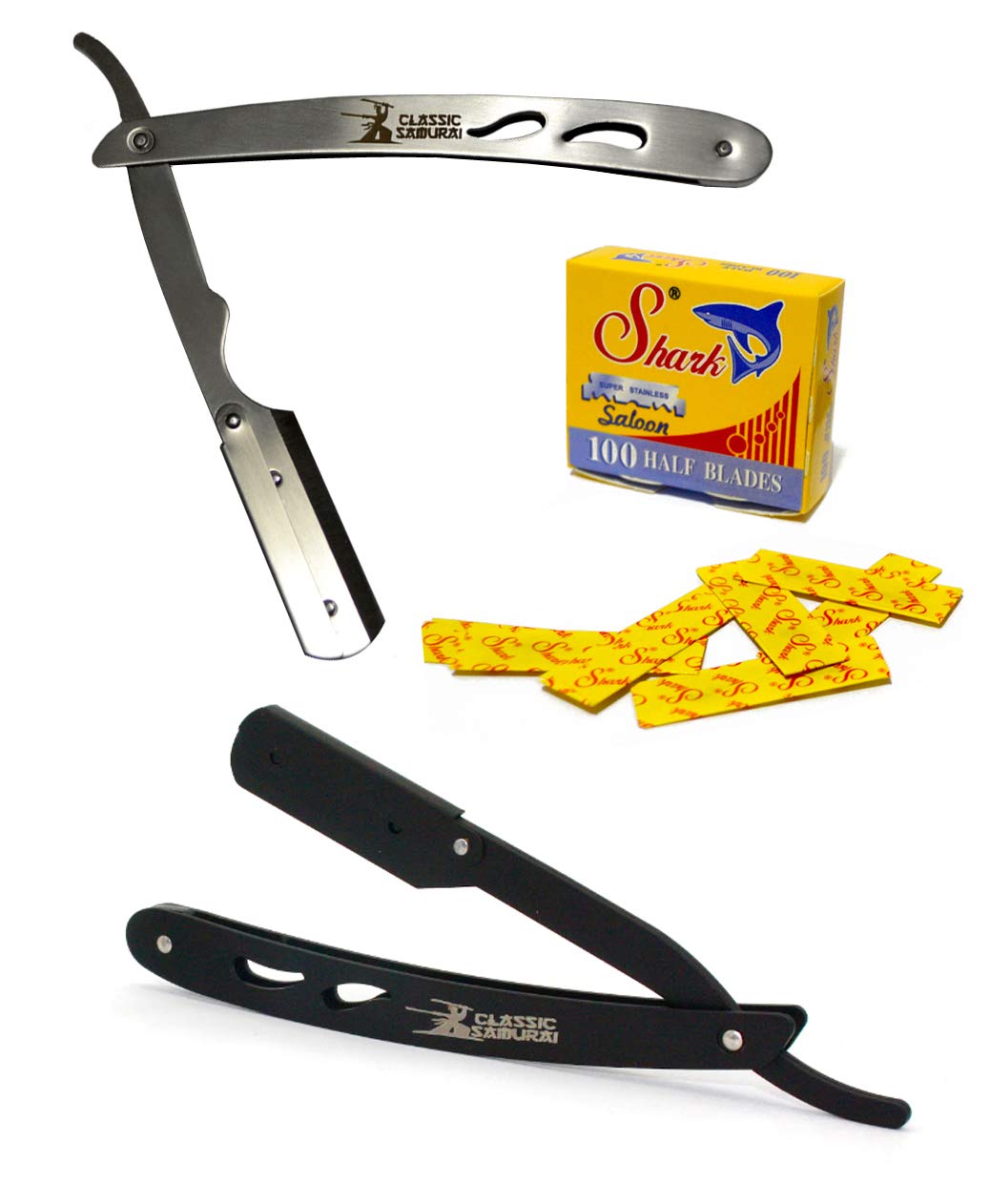 Classic Samurai CS102 + CS Matte Black Professional Barber Straight Edge Shaving Razor 2 pcs for Men + 100 Shark single edge Razor Blades