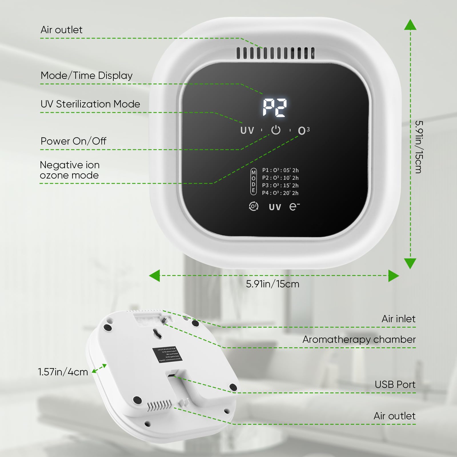 Purificatore D'Aria,Generatore Di Ozono 5000 Mah,Con Sterilizzazione Uv,Aromaterapia,4 Modalità,Ozonizzatore,Ionizzatore Per Ambienti,Bagno, Cucina,Auto,Animali Domestici