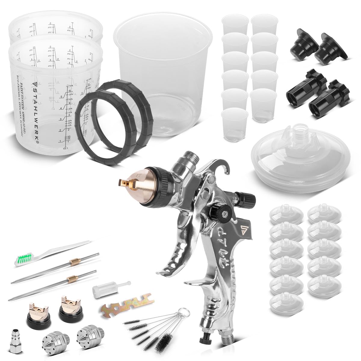 STAHLWERK HVLP Lackierpistolen-Set SG-250 ST mit Mischbecherset 25-teilig | Lackierpistole mit Fließbecher, Reinigungs-Set, Düsensatz 1,4/1,7/2,0 mm, Druckluftpistole, 650 ml