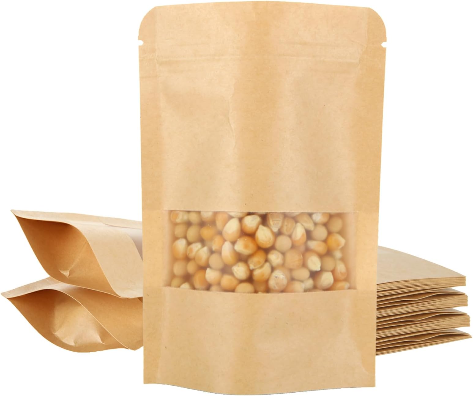 – 200 Pcs Kraft Paper Bag with Window, 10x15x3.5cm Stand Up Ziplock Seal Paper Bag, Resealable Papers Pouch Bags for Dried Fruit Coffee Tea Seeds