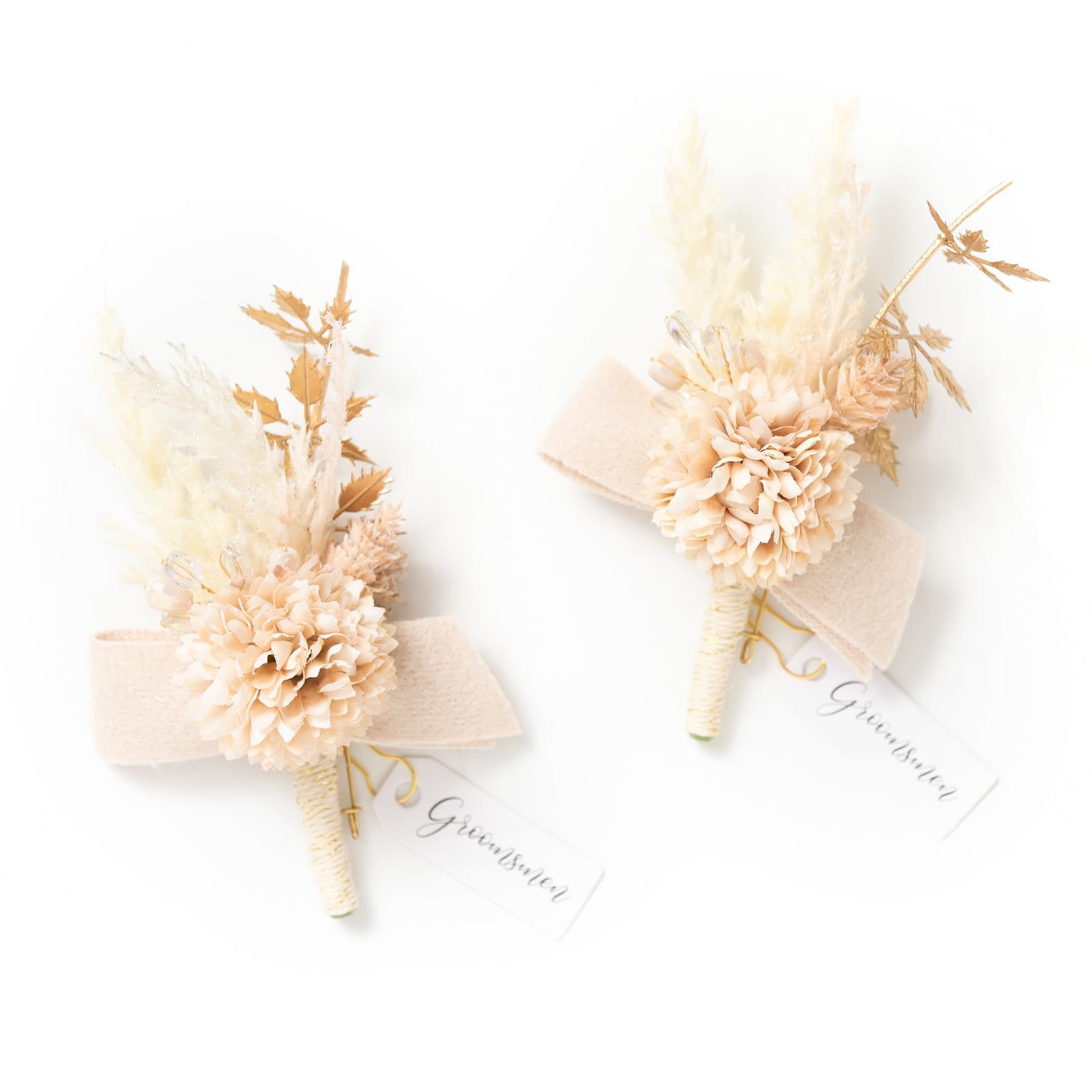 Ling's moment Boutonniere for Men, 2pcs Groom Groomsmen Guest Boutonniere, Artificial Flowers for Wedding/Prom/Homecoming, etc.Boho Gold Pompon Mum