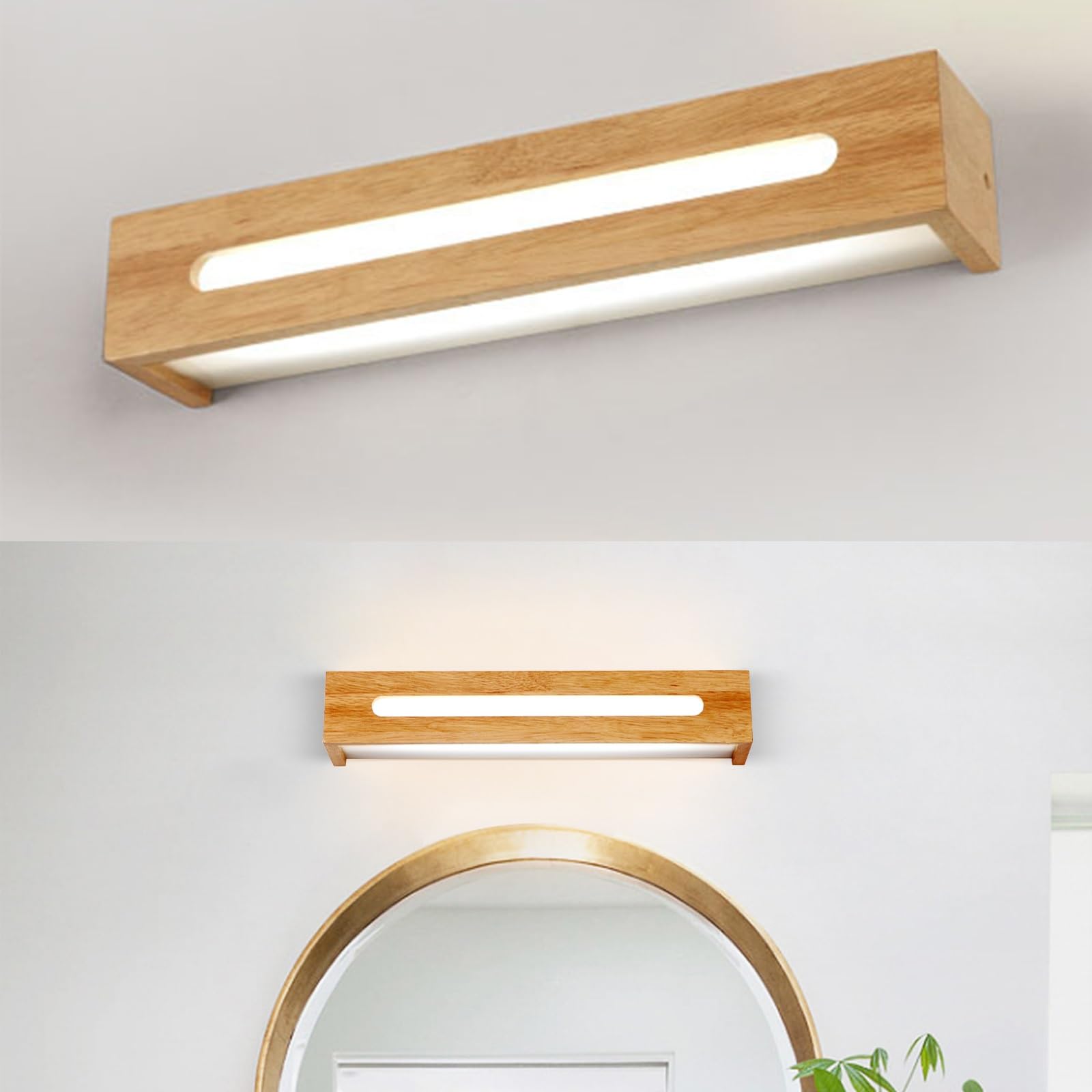 Lámpara de tocador rectangular de madera for baño, apliques LED estilo tronco sobre espejo, apliques rústicos de pared con pantalla acrílica for tocador, lámpara de espejo de pared.(Small)