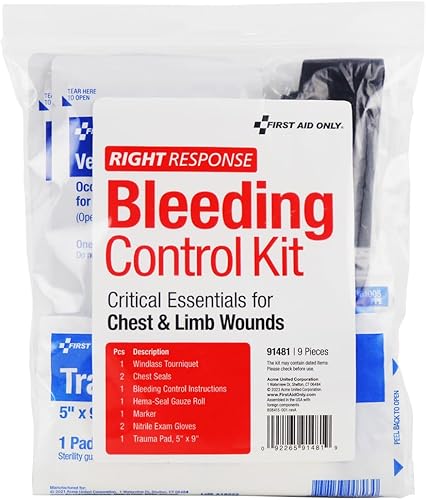 First Aid Only 91481 Kit de control de sangrado Critical Essentials para heridas de pecho y extremidades, 9 piezas