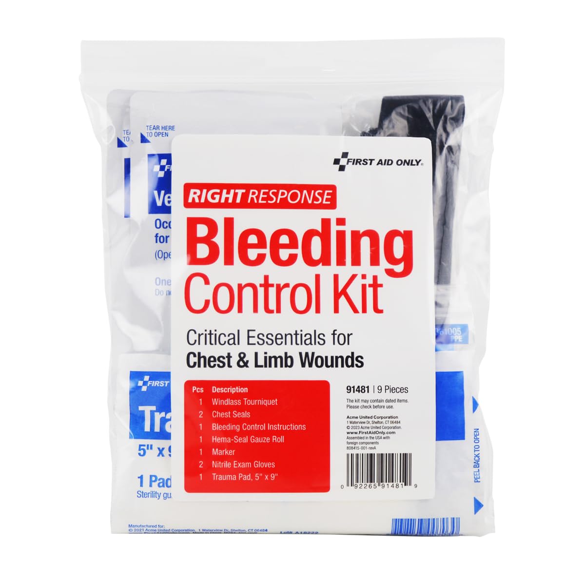 First Aid Only 91481 Critical Essentials Bleeding Control Kit for Chest & Limb Wounds, 9 Pieces