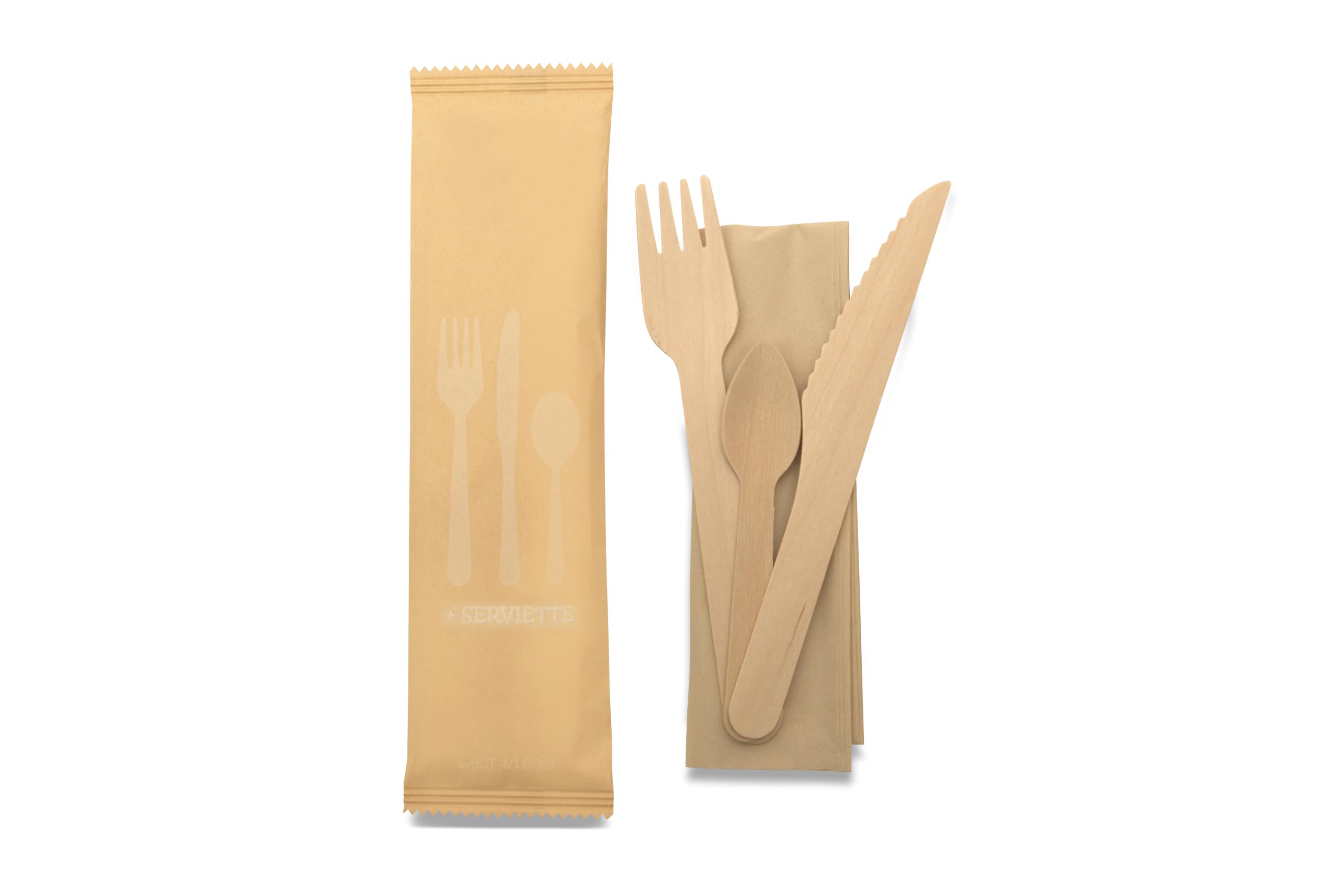 250 Kits Cubiertos Madera Desechables - Tenedor, Cuchillo, Cuchara, Toalla | Bolsa individual de papel; lista para distribuir; tenedor y cuchillo de 16,5 cm; cuchara 11 cm; servicio completo