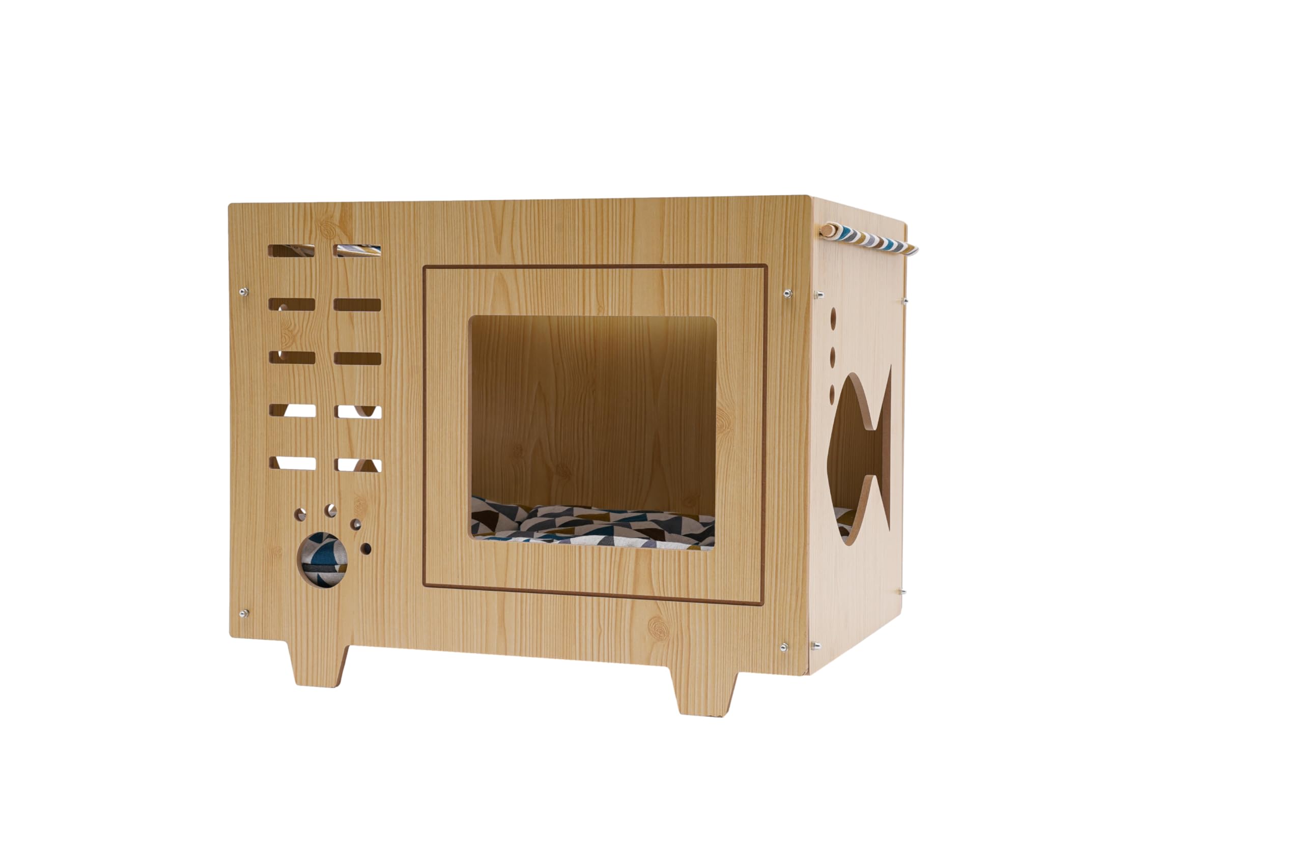 Casa para gatos, caja de arena con entrada, cueva de madera para gatos, 55 x 40 x 44 cm, cama para gatos, interior para dormitorio, tienda de mascotas, etc. (estilo huella de patas)