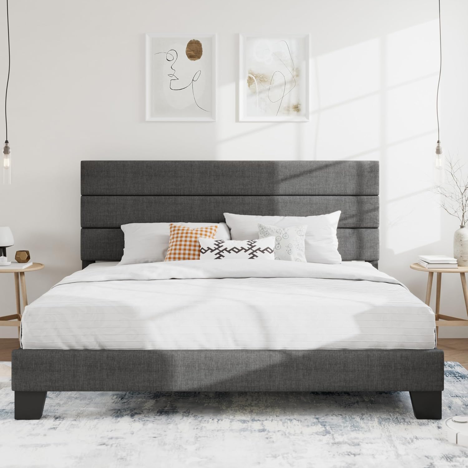 SHA CERLIN Cal King Platform Bed Frame with Upholstered Fabric Headboard