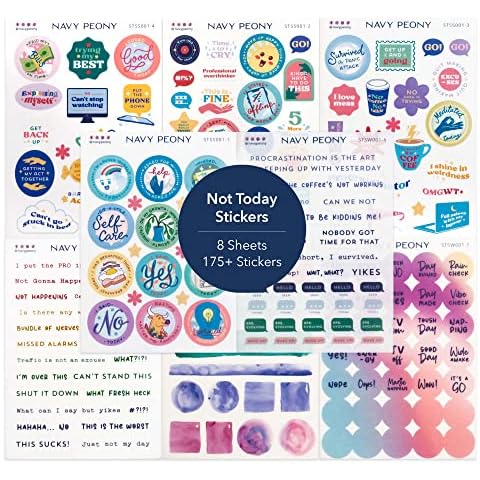 Navy Peony Not Today Mental Health Awareness Stickers (8 Sheets, 175+ Small Stickers) - A6 Size, Washi/Waterproof Paper Mix | Motivational Quote Stickers for Self Care Journals, Planners, Vision Board Cover