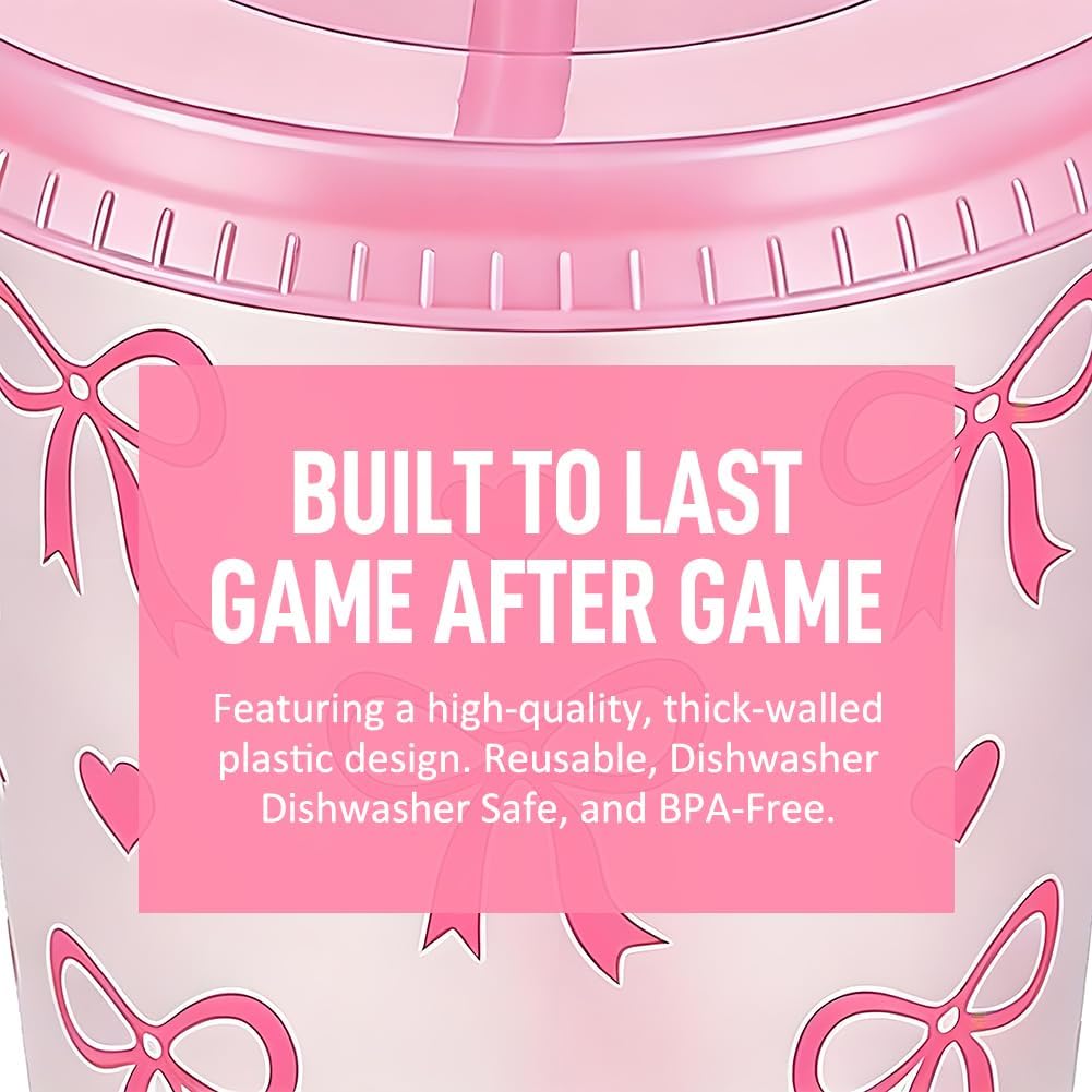 12 Bicchieri con Fiocco Rosa 700ml con Coperchio e Cannuccia – Bicchieri Riutilizzabili per Feste, Addii al Nubilato, Matrimoni, Ufficio