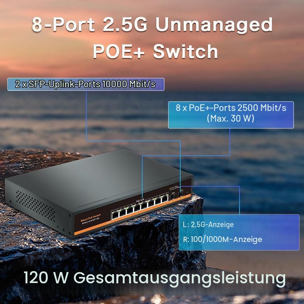 2.5G Unmanaged PoE Switch mit 8 x 2.5G Base-T Ports und 2 x 10G SFP Uplink Port, 120W kompatibel mit 100/1000/2500Mbps, Fanlesss Design, Plug & Play, 2.5Gb Power Over Ethernet Switch(10)