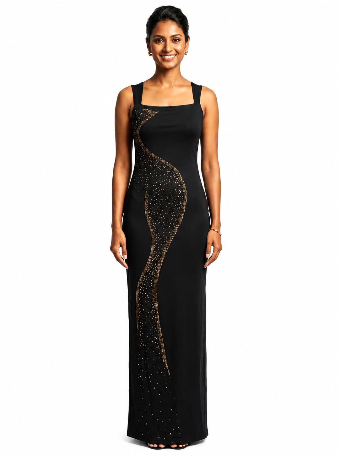the style studio Women's Formal Black Maxi Dress with Gold Rhinestone Swirl Detail, Sleeveless Square Neck Evening Gown-picture-34