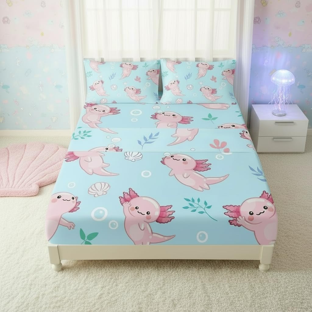 QOOMO Kawaii Marine Life Silky Soft Microfiber Bed Sheets Cute Axolotl Super Soft Kids Bedding Set Blue Ocean Breathable Room Decoration Twin Size 1