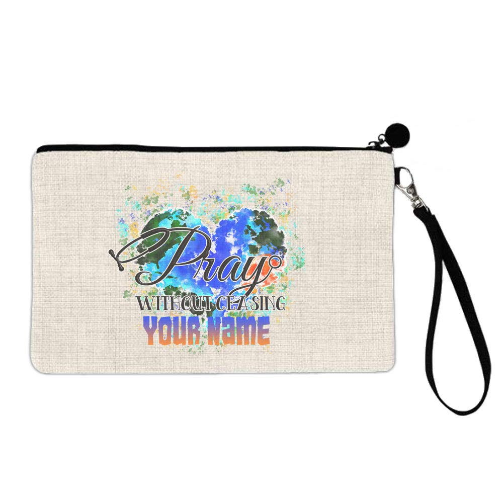 Bleu ReignBRGiftShop Personalized Custom Name Pray Without Ceasing Stethoscope Heart Healthcare Large Linen Cosmetic Bag with Zipper