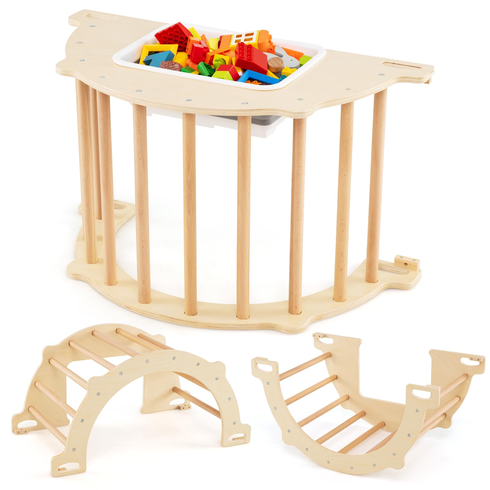 COSTWAY 8 in 1 Arco da Arrampicata per Bambini, Altalena ad Arco in Legno con Contenitore Pieghevole, Palestra Montessori per Bambini 3 Anni + (80 × 47 × 41 cm)