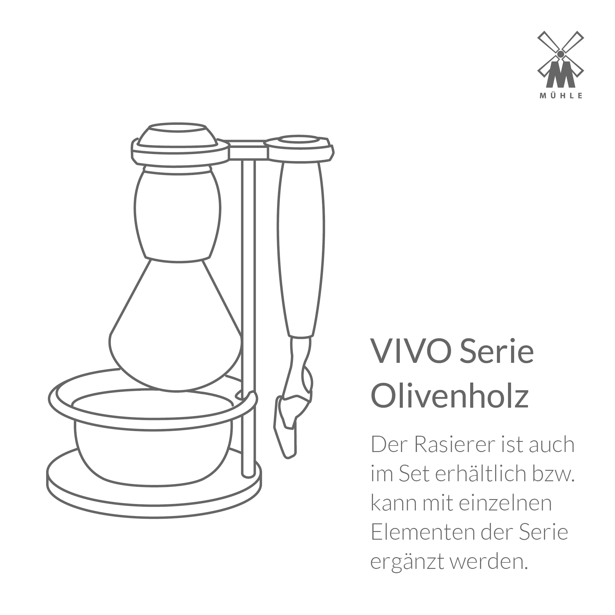 MÜHLE Vivo Rasierset - Rasierer kompatibel mit Gillette-Klingen, Rasierpinsel reines Dachshaar, Halterung, Olivenholz Griff