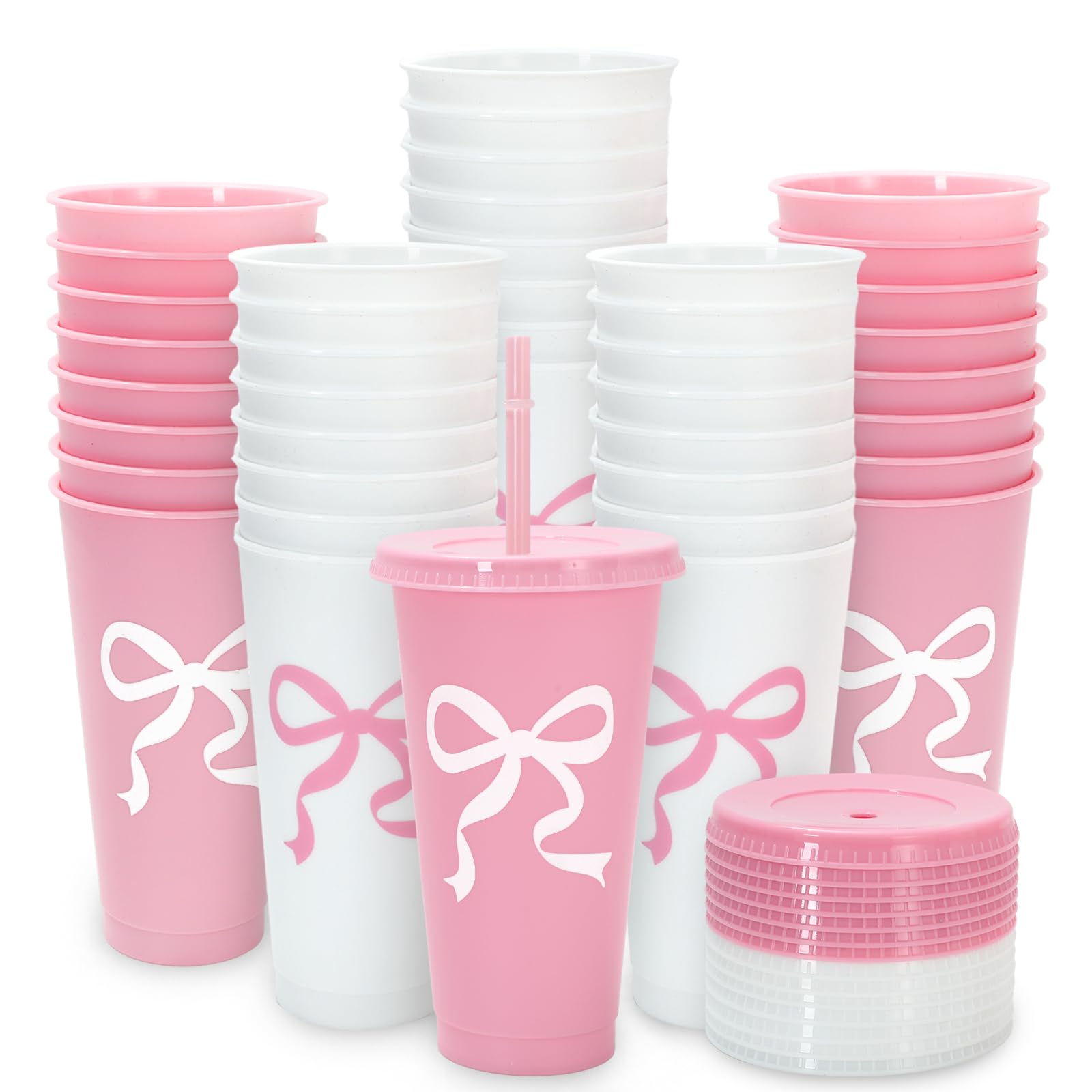 FYSUIMU 16Pcs Bow Plastic Cups Pink White Bowknot Plastic Tumbler Cute Coquette Cold Cup with Straw and Lids for Home Office Party Supplies
