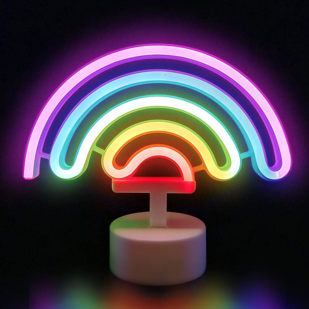 XIYUNTE Rainbow Neon Signs with Base, Battery or USB Operated Light Up Rainbow Sign, Rainbow Neon Table Lamp Night Light for Bedroom, Kids Room, Party, Kid's Gift