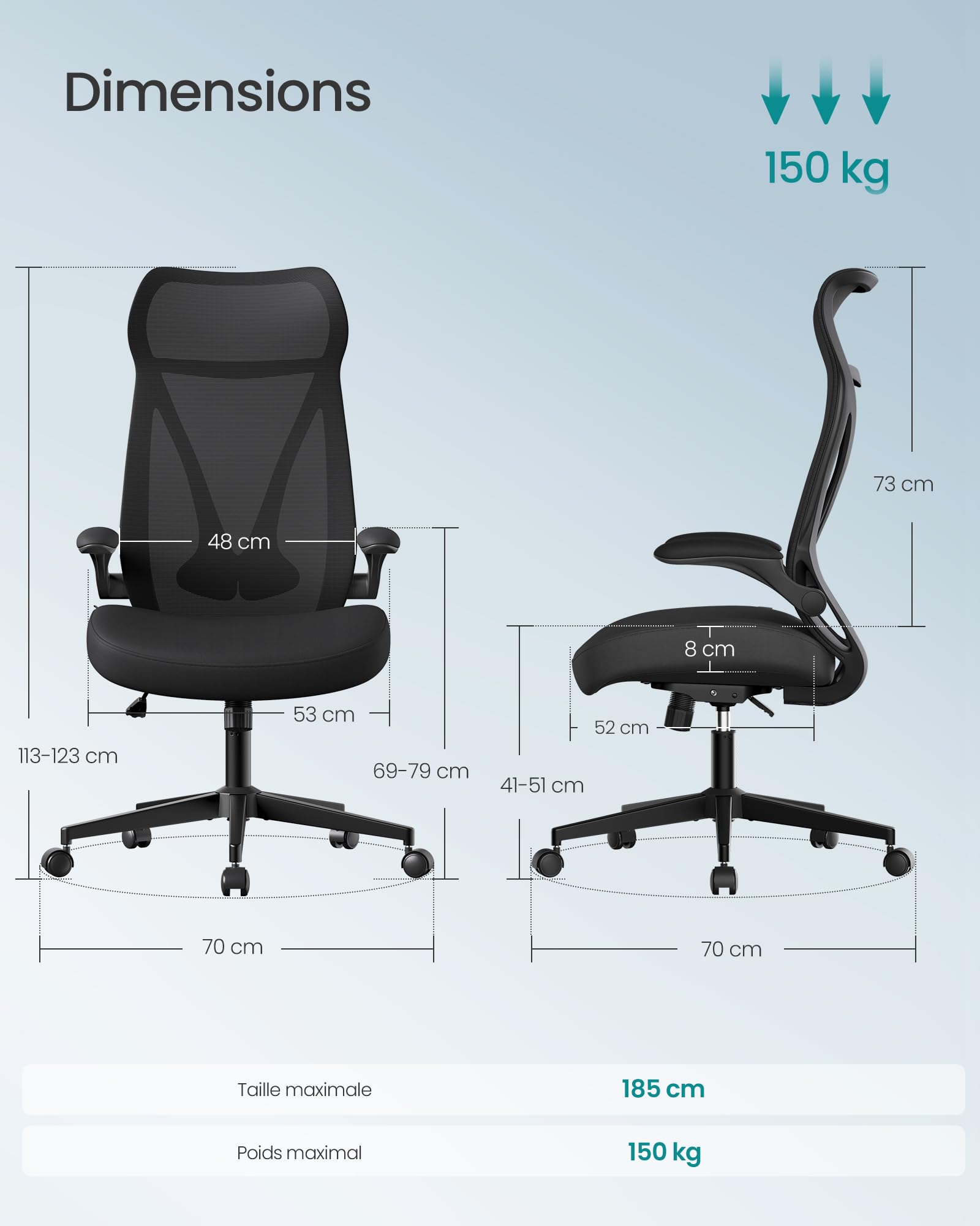 SONGMICS Chaise de Bureau, Fauteuil, Dossier Ergonomique, Réglable en Hauteur, Accoudoirs Rabattables, Pivotantant avec Appui-tête, Capacité de 150 kg, Noir d'encre OBN088B01