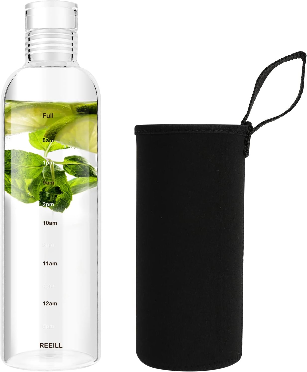 Snminetal Clear Glass Water Bottles With Time Marker Non-slip Sleeve And Lid, Reusable Glass Drinking Bottles,Drink Water Bottle 17 Oz,Suitable For Drinks, Juices, Sodas,As Gifts (500ml)