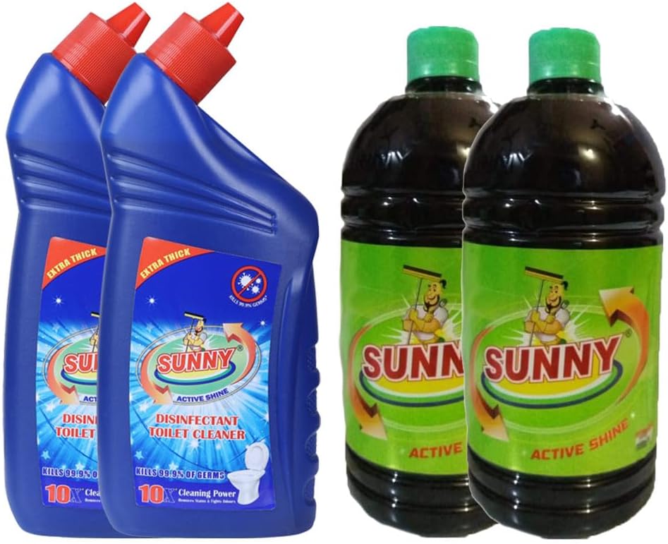 Original Sunny Active Shine Disinfectant Toilet Cleaner,(500ml X 2) & Original Sunny Active Shine Green Phinyl Floor Cleaner,-(500ml X 2) | Kills 99.9% Germs | Suitable for Bathroom