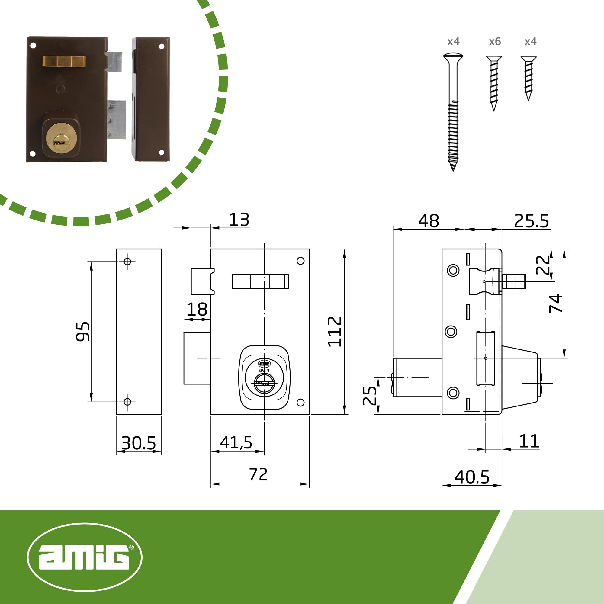 Amig - Serratura a Sovrapposizione a Destra con Leva di Chiusura - Linguetta e Maniglia per Porte in Legno - Mod. 75, 72 x 112 mm - Cilindro rotondo di sicurezza - Acciaio Marrone