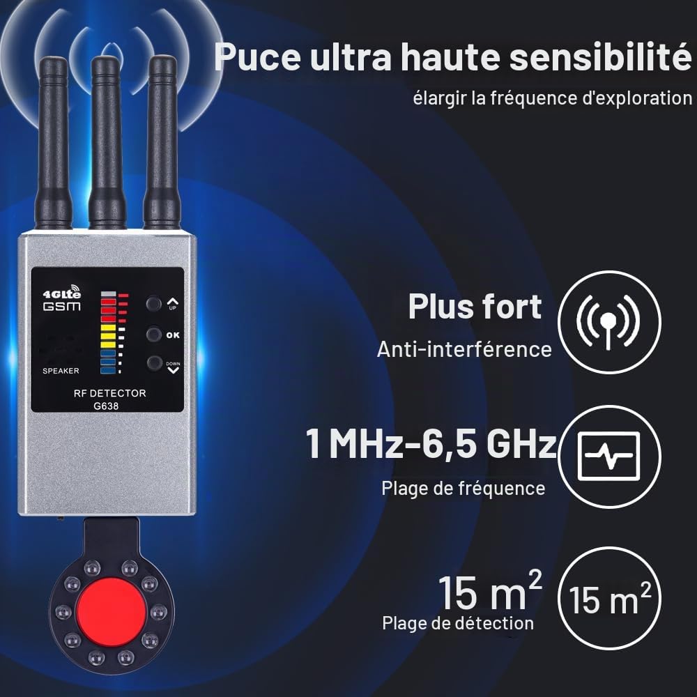 Détecteurs de caméras Anti-Espion, détecteur de bogues et détecteur d'espionnage caché, détecteur Anti-traqueur pour bogues, Appareil d'écoute pour caméra cachée/caméra Espion G638W