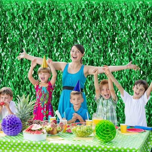 Image of TONIFUL 3Pcs Wavy Metallic Tinsel Foil Fringe Curtains Green Streamer Backdrop for Photo Booth Props,Party Door Wall Curtain,Bachelorette,Birthday,Christmas,Wild Woods Party Decor (9.9ft x 6.6ft)