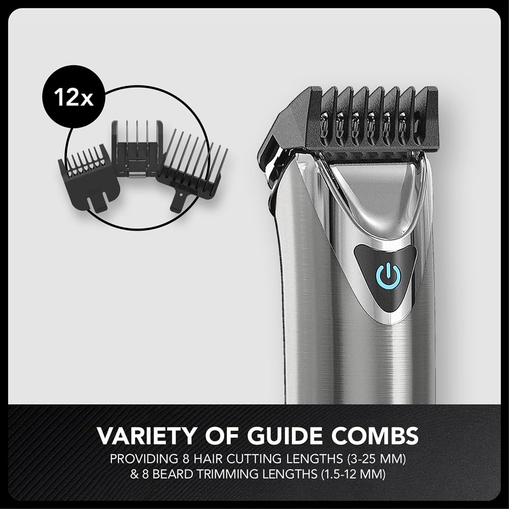 Wahl Washable Stainless Steel Multigroomer, tondeuse à barbe et cheveux pour hommes, tondeuse à domicile, tondeuse nez-oreilles, set de toilettage pour hommes, entièrement lavable, sans fil