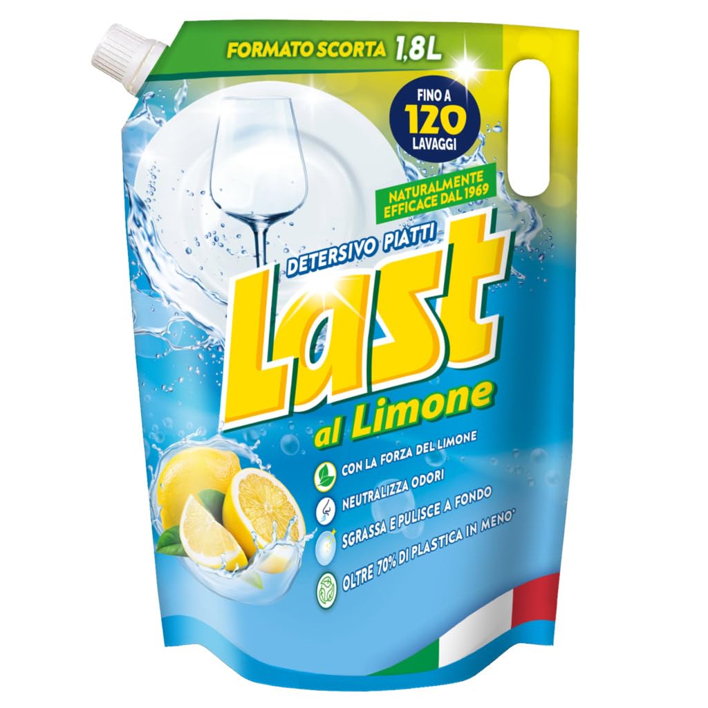 Last, Detergente para platos a mano al limón, neutraliza los olores, acción desengrasante – Formato de reserva, 1,8 litros