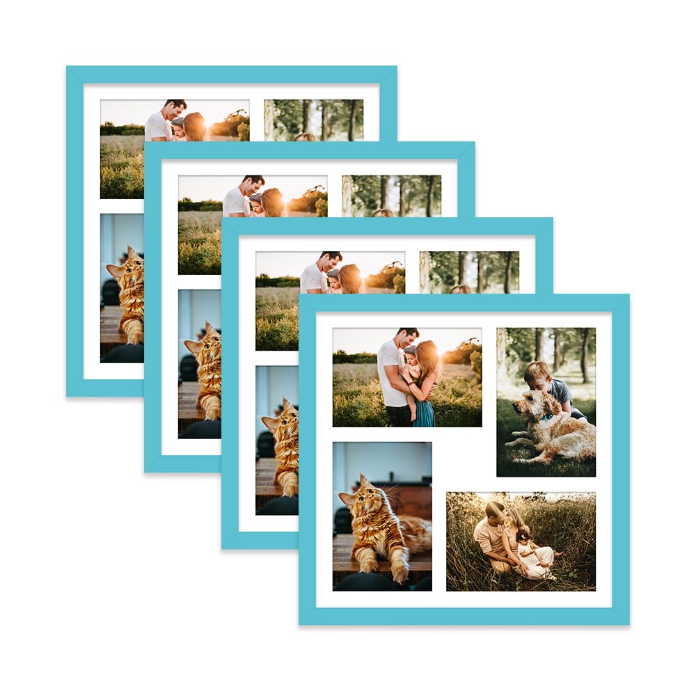 Turquoise Multi Photo Frame - Holds 4 x 6x4 Pictures, Family Collage Picture Frame for Wall Display, 12x12 Frame size, Set of 4