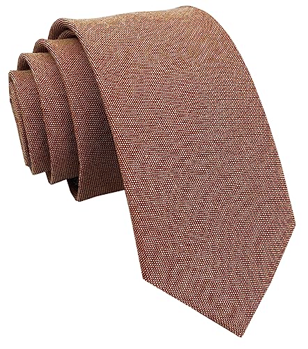 Elfeves Men's Skinny Solid Color Tie Causal Cotton Linen Narrow Slim cut Necktie, Dark Tan, One size