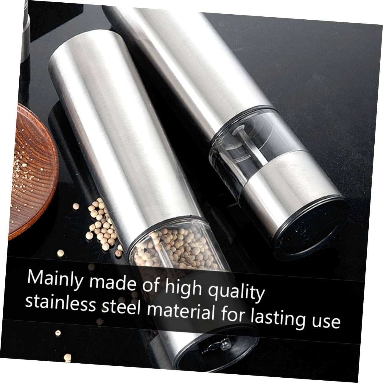 KICHOUSE 2pcs Electric Stainless Steel Pepper Grinder Set Automatic Pepper Mill with Grinding Core Easy to Operate and Easy to Clean for Kitchen Use