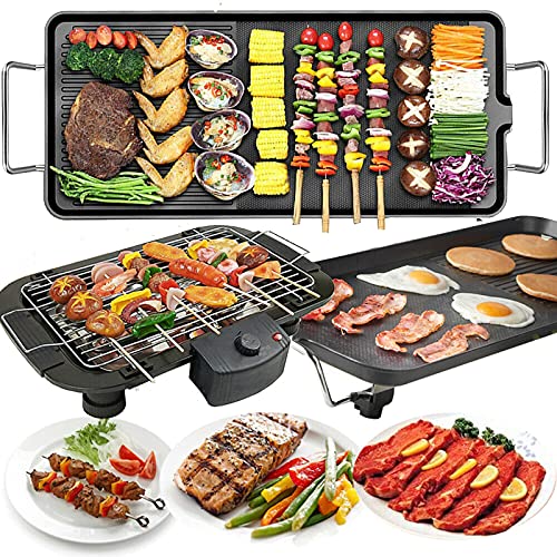 Outdoor Electric BBQ Barbecue Grill, 2 in 1 Versatile Grill Griddle Hot Plate, Indoor Electric Teppanyaki Grill, Adjustable Temperature Fast Heat Up Low-Fat Meals Easy to Clean Design(L, 48x27x8cm)